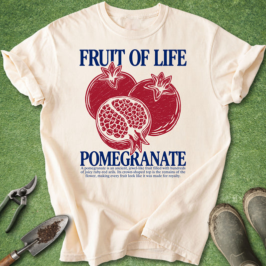 Ivory t-shirt with vintage red pomegranate illustration, Fruit of Life typography, sliced pomegranate and botanical description.