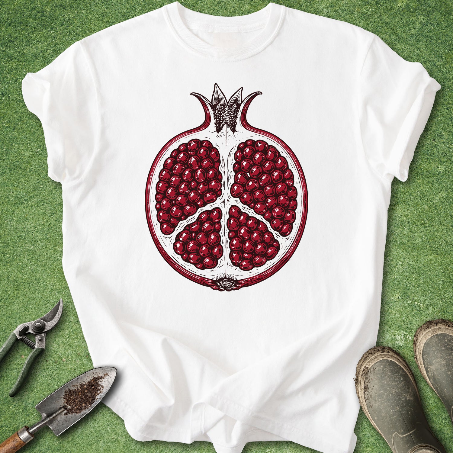 White t-shirt featuring a vintage botanical illustration of a sliced red pomegranate filled with seeds.