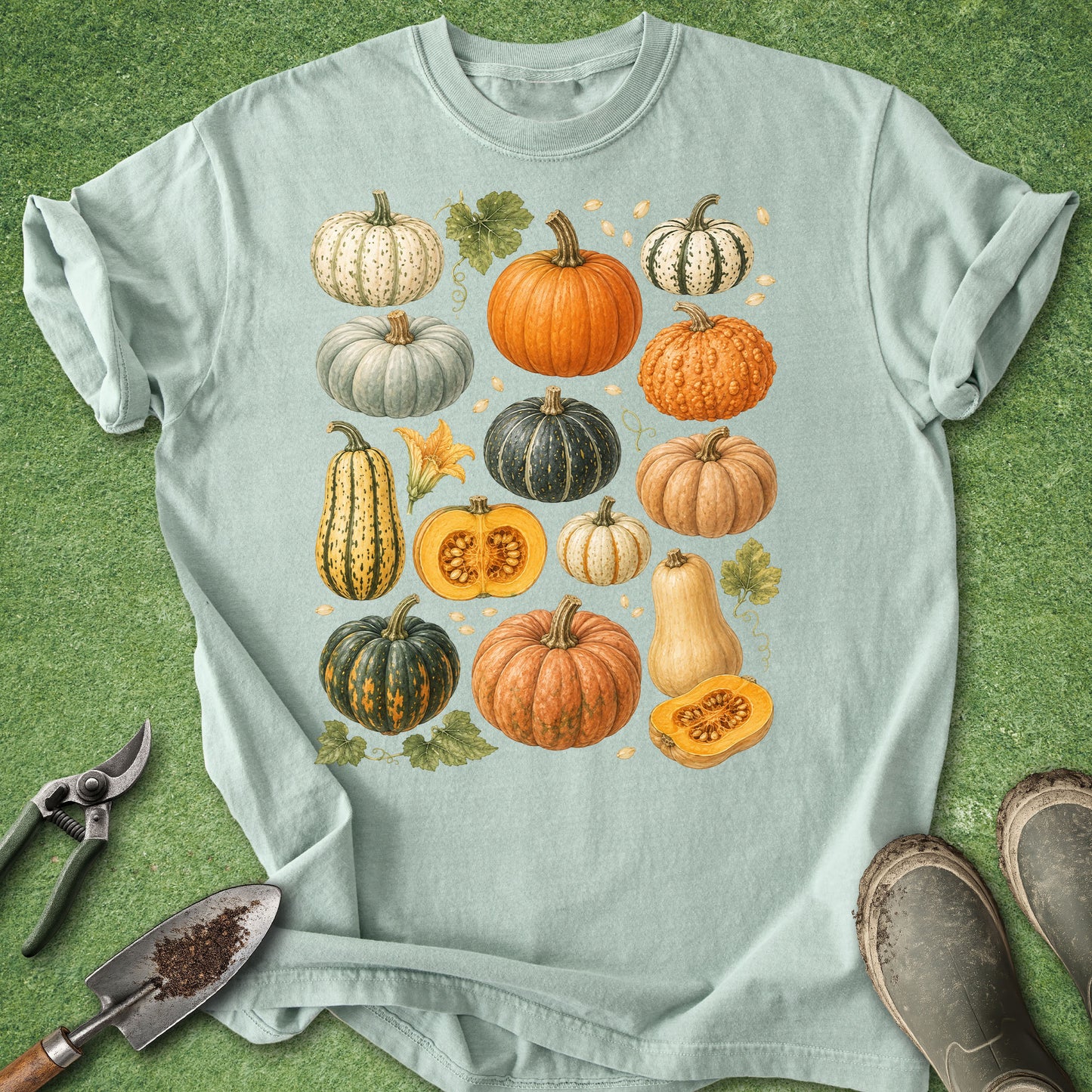 A light blue crewneck t-shirt with a colorful graphic of various autumn pumpkins and gourds, styled in a flat-lay on green grass with gardening tools and boots.