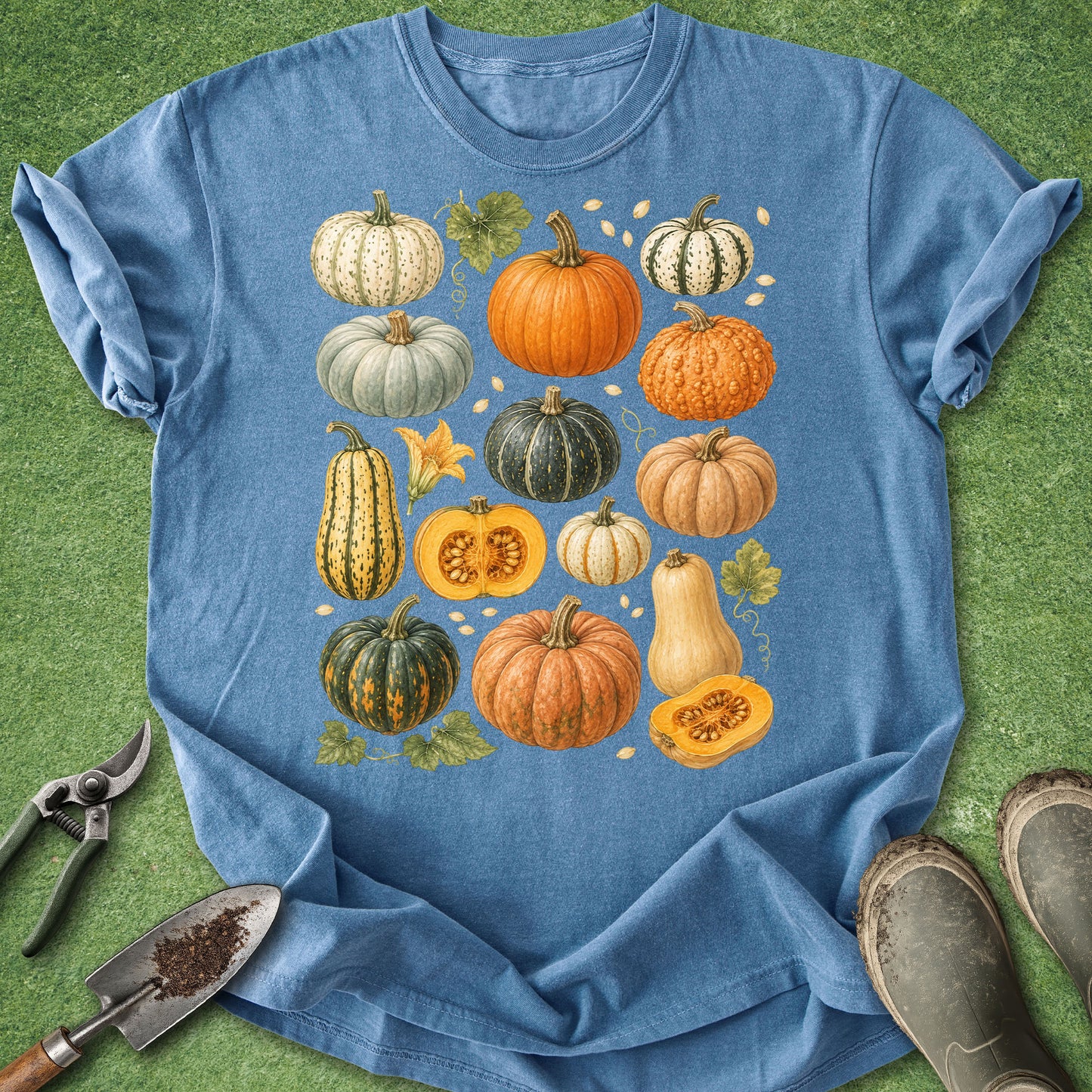 A blue short-sleeve T-shirt laid flat on a green grass-like surface, featuring a large autumn pumpkin and squash illustration on the front. Gardening tools and muddy boots are placed around the shirt as styling props.