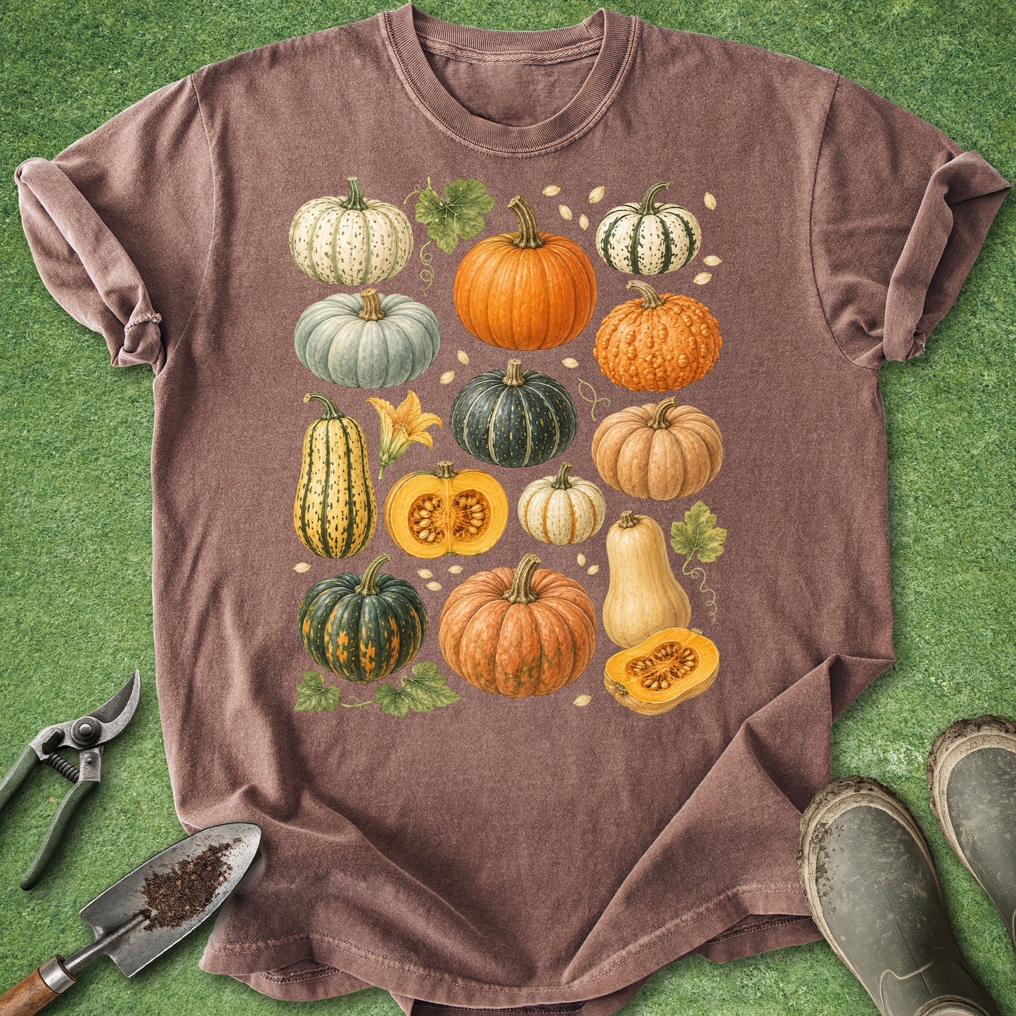 A brown short-sleeve t-shirt laid flat on a green grass-like surface, featuring a large central print of various illustrated pumpkins and gourds in autumn colors. Gardening tools and muddy boots are partially visible around the shirt as styling props.