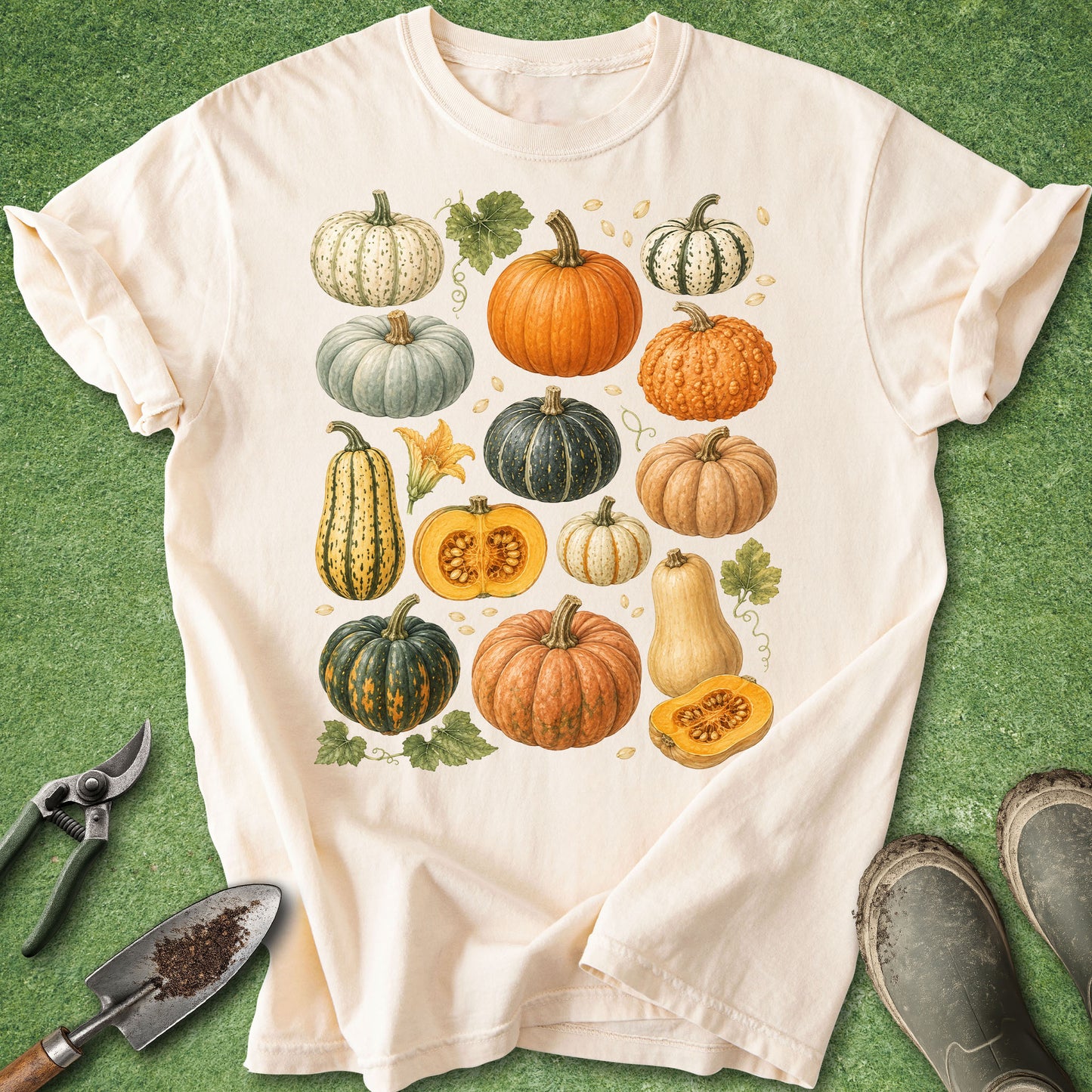 A cream-colored short-sleeve t-shirt with a vintage-style illustration of various pumpkins and gourds, laid flat on a green grass-like surface with gardening tools and boots nearby.
