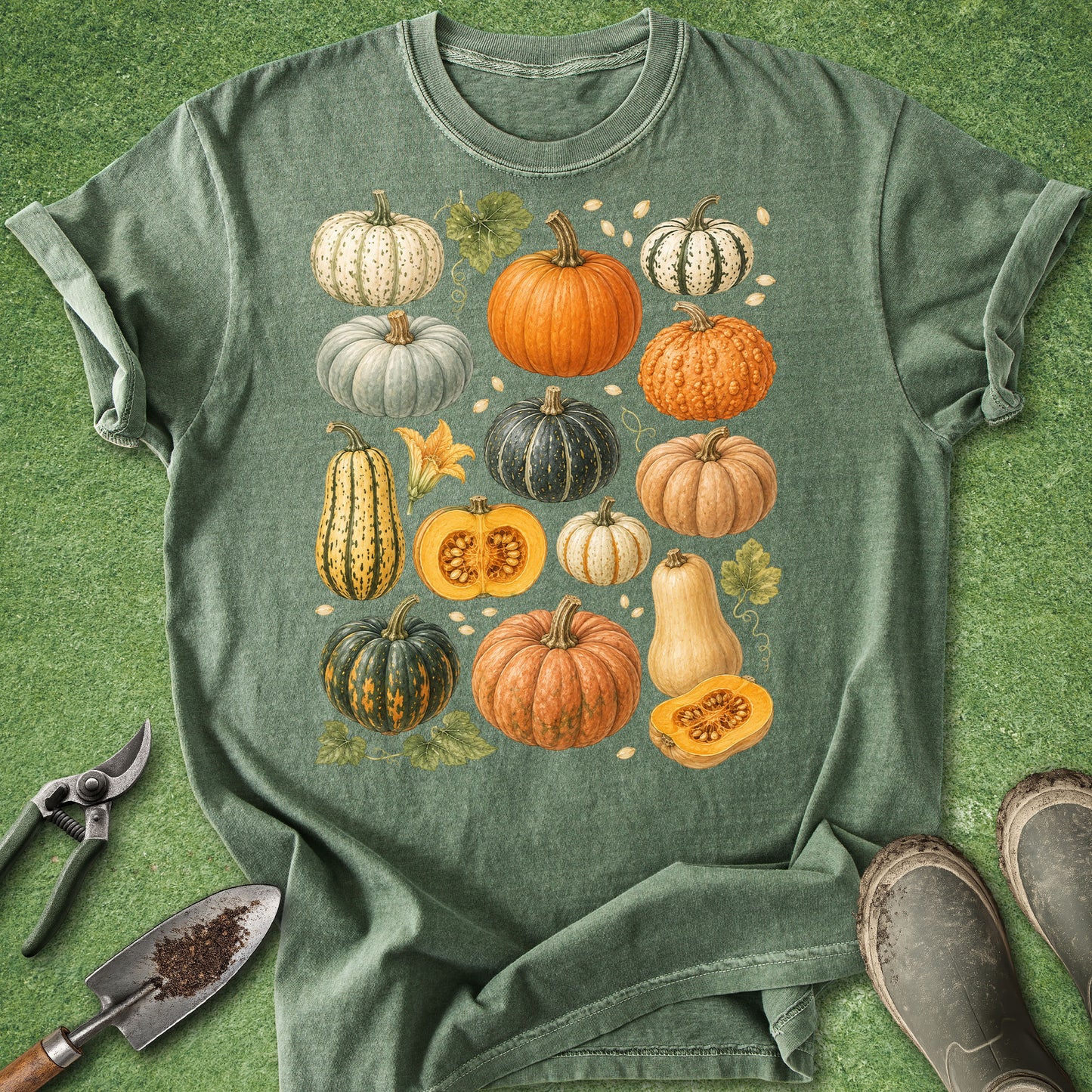 A sage green short-sleeve t-shirt with a detailed graphic of various autumn pumpkins and gourds, styled flat on a green grass-like background with gardening tools and boots.