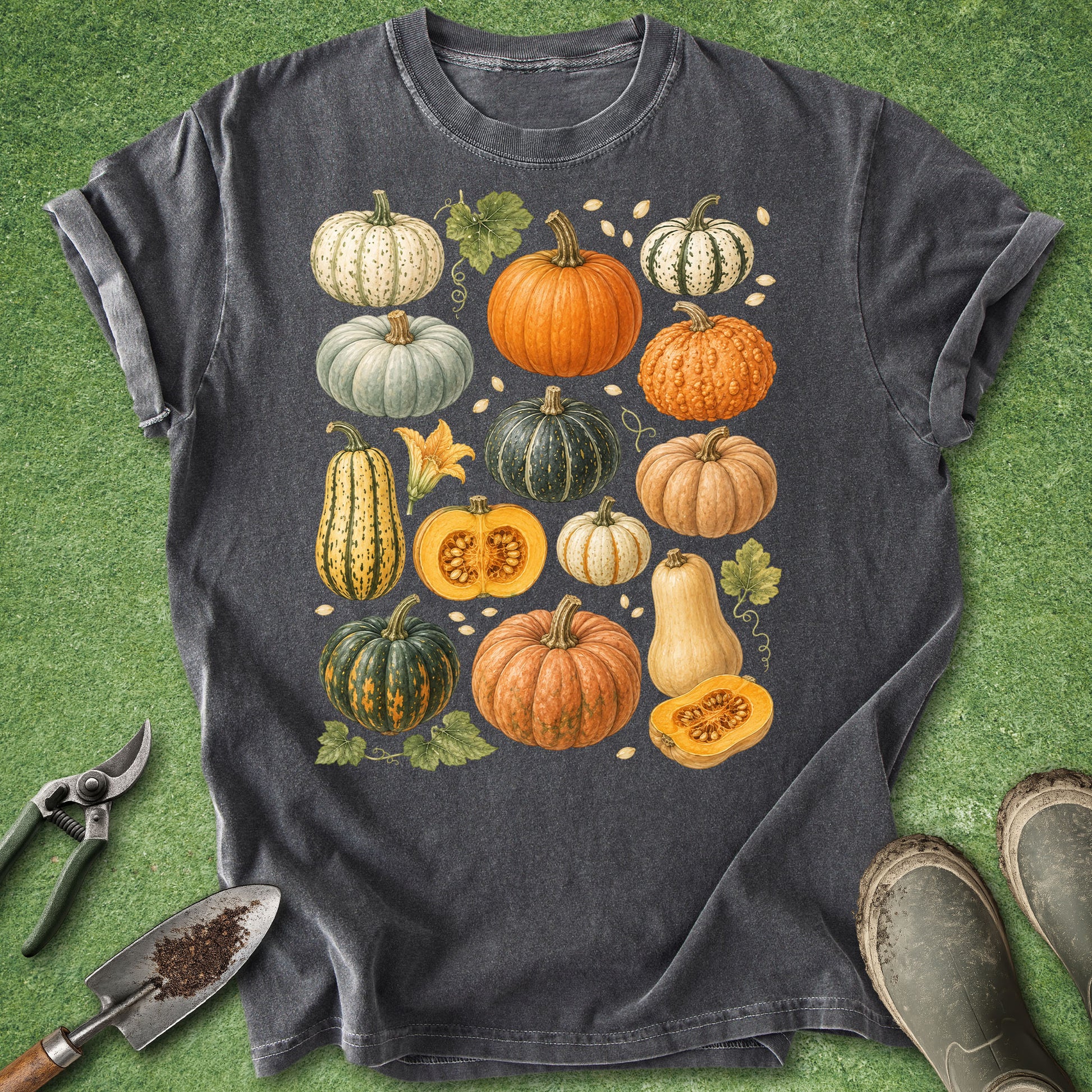 Pepper t-shirt featuring a vintage botanical collection of pumpkins, gourds and squash in green, cream, yellow and orange autumn colors.