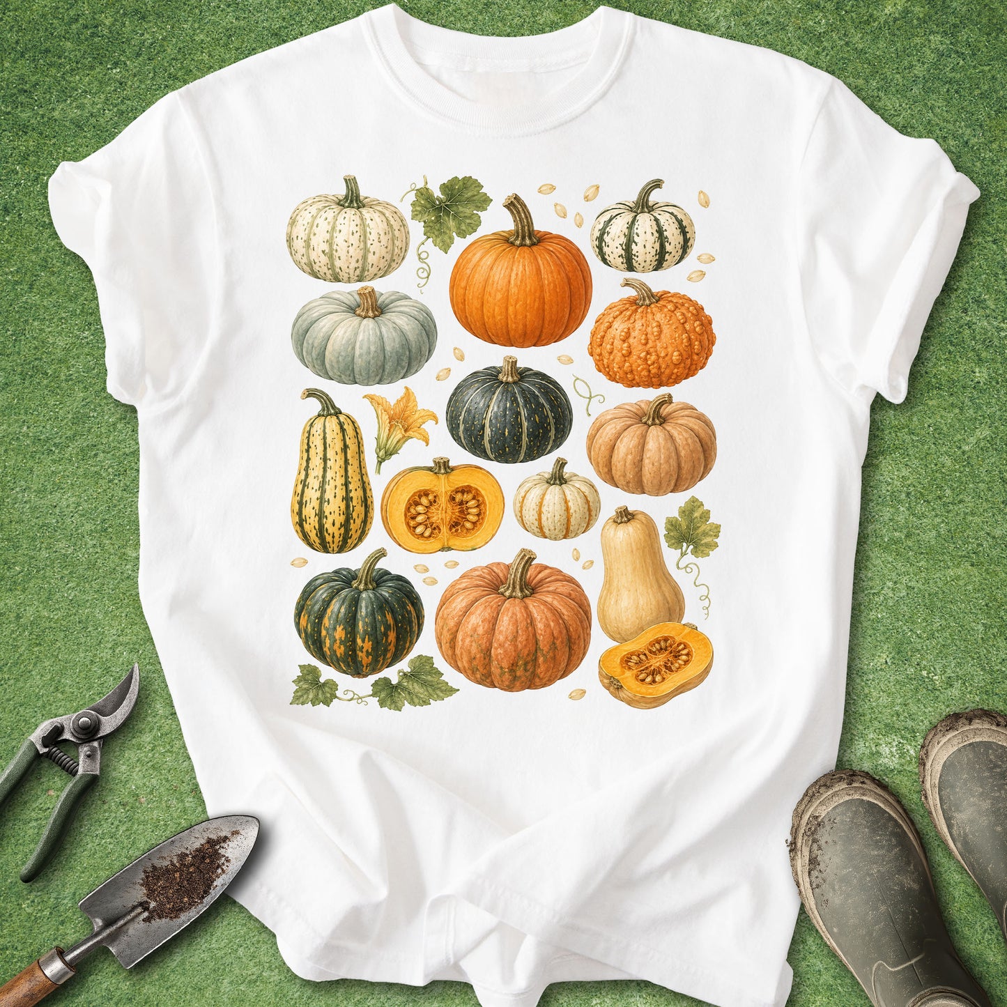 A white short-sleeve T-shirt laid flat on a green textured surface, featuring a large central print of illustrated pumpkins and gourds in autumn colors. Gardening tools and boots are placed around the shirt as styling props.