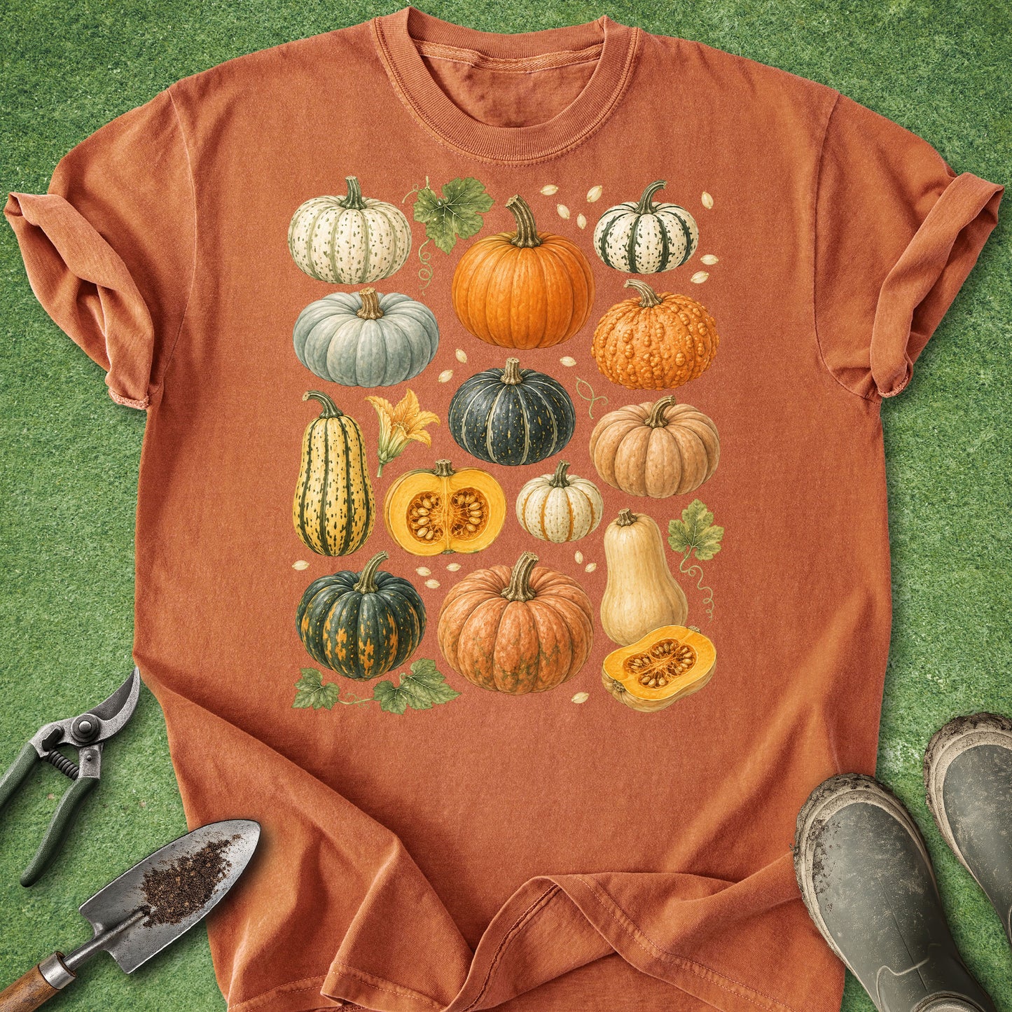 Rust orange t-shirt featuring a vintage botanical collection of pumpkins, gourds and squash in green, cream, yellow and orange autumn colors.