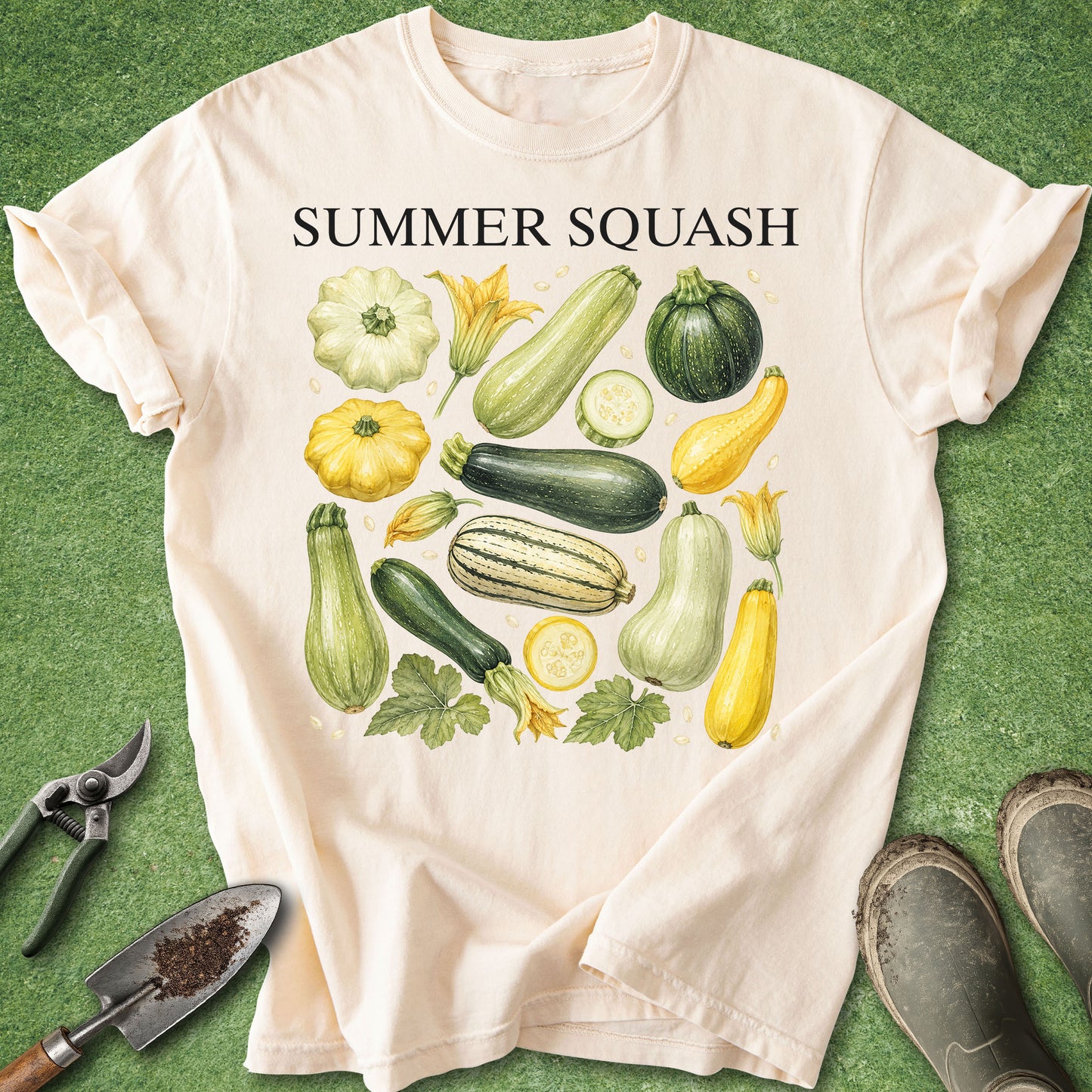 Ivory t-shirt with Summer Squash text and vintage botanical illustrations of zucchini, yellow squash, pattypan squash, blossoms and leaves.