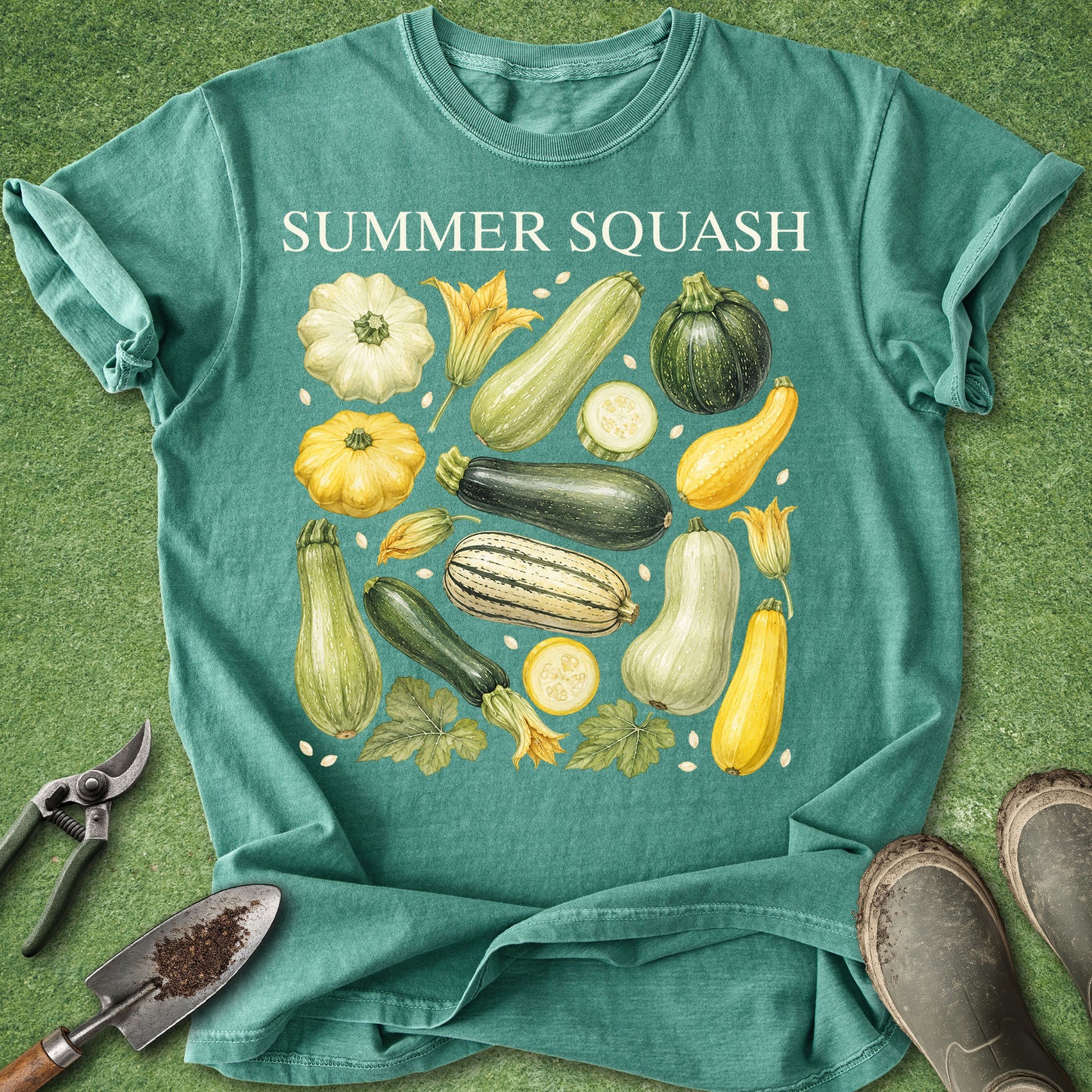 A teal short-sleeve graphic T-shirt laid flat on a green textured surface, featuring the words “SUMMER SQUASH” above an illustrated arrangement of various vegetables including zucchini, squash, melon, cucumber, and pumpkin. Gardening tools and boots are partially visible around the shirt.