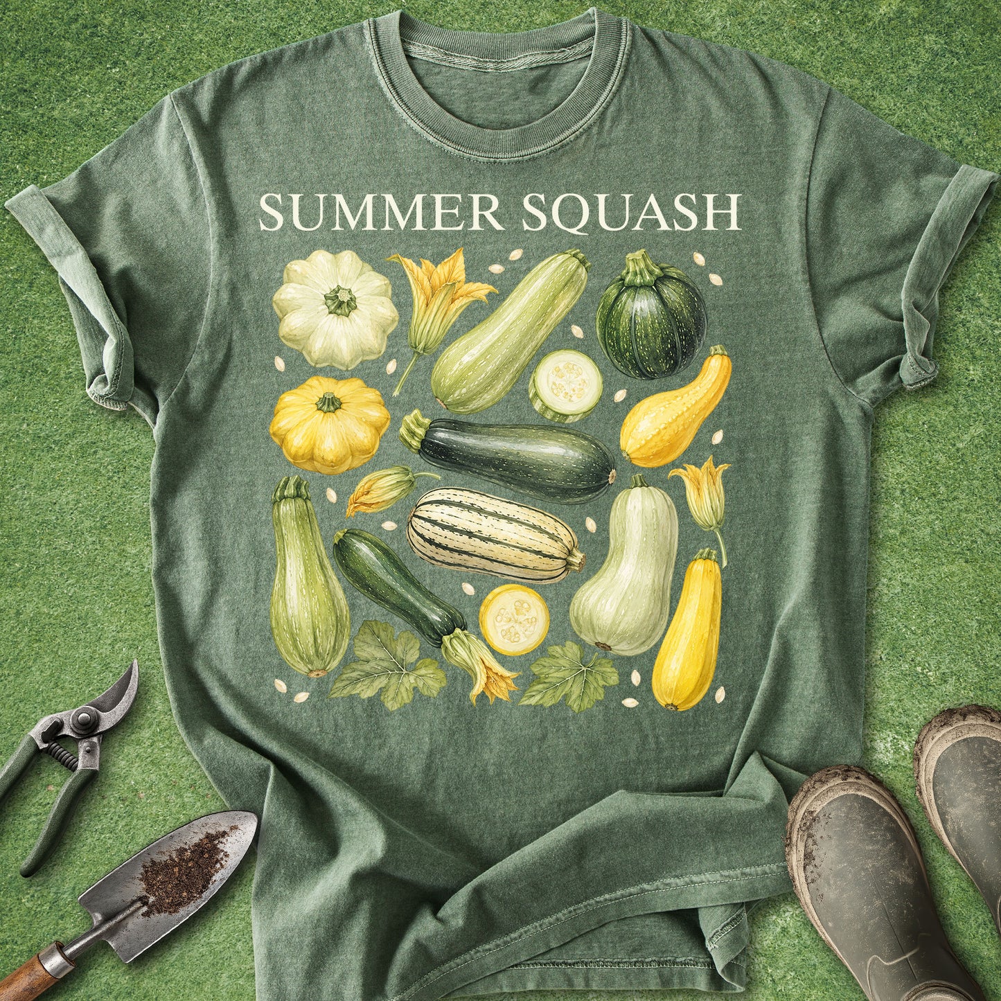 A sage green graphic t-shirt laid flat on a green grass-like surface, featuring a watercolor-style illustration of various summer squash and pumpkins with the text 'SUMMER SQUASH' printed above. Gardening props including pruning shears, a trowel, and boots are visible around the shirt.