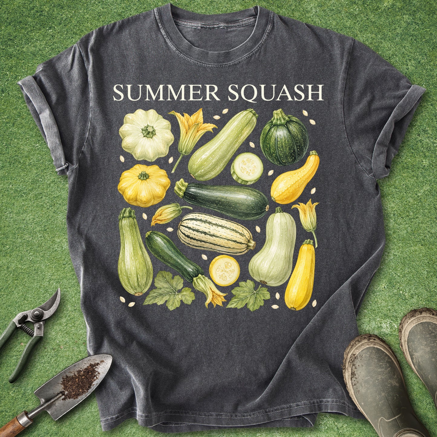 Dark gray t-shirt with Summer Squash text and vintage botanical illustrations of zucchini, yellow squash, pattypan squash, blossoms and leaves.