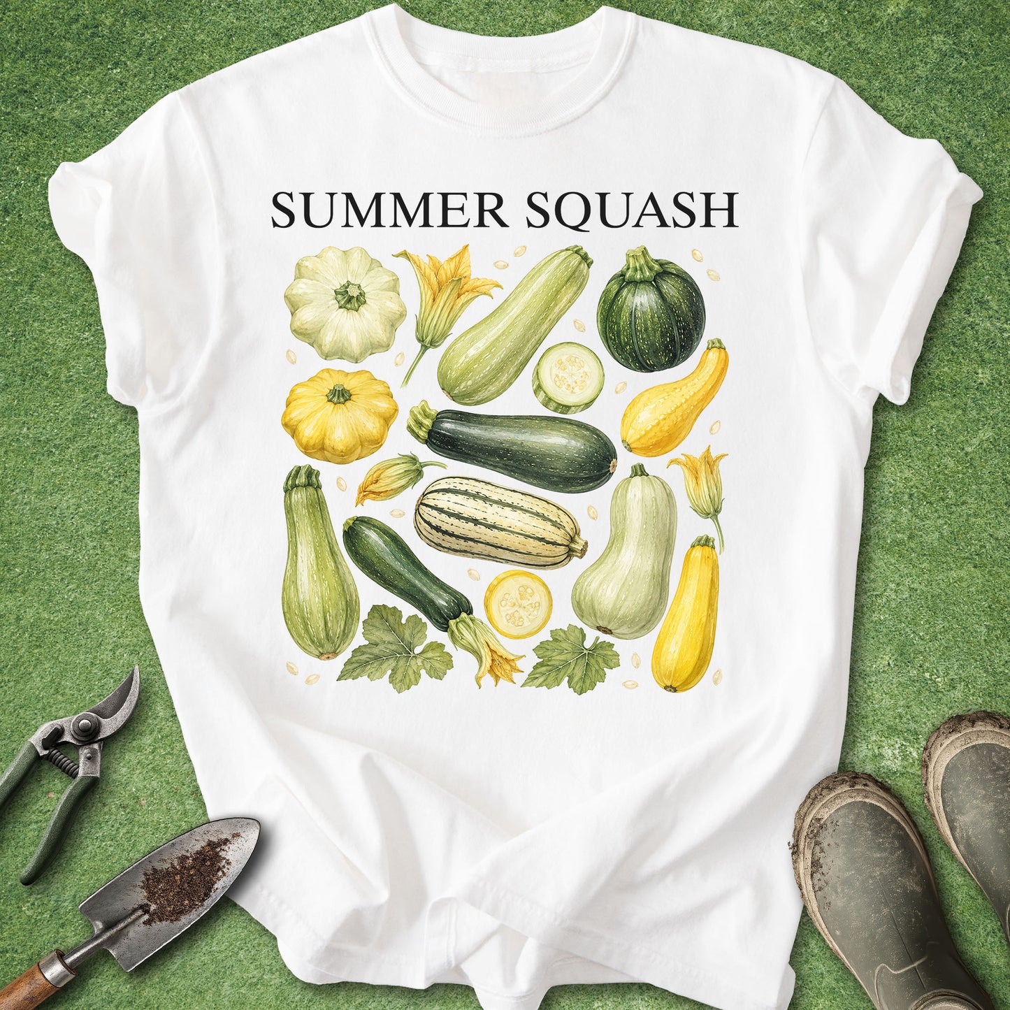 A white short-sleeve T-shirt laid flat on a green grass-like surface, printed with the words “SUMMER SQUASH” above an illustrated assortment of vegetables including zucchini, squash, pumpkin, corn, and leafy greens. Gardening tools and muddy boots are placed around the shirt as styling props.
