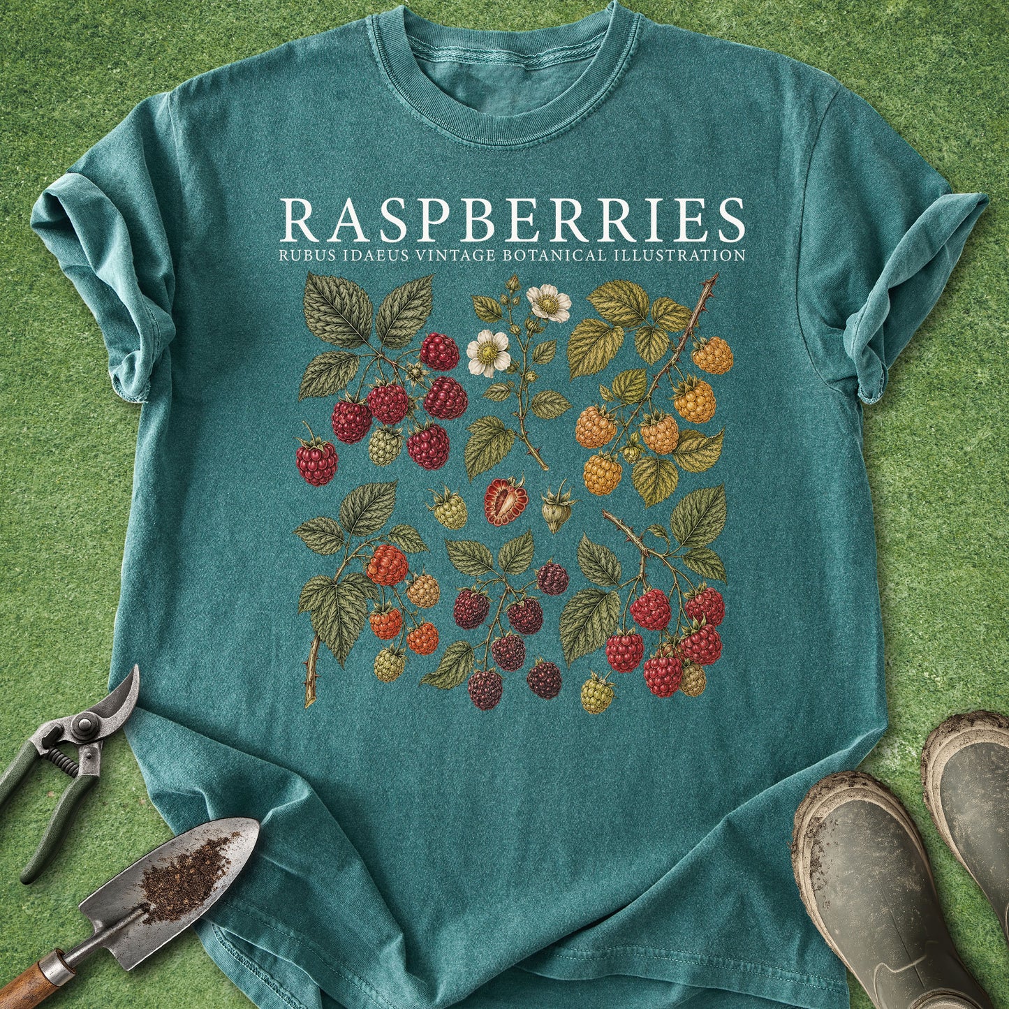A teal short-sleeve graphic T-shirt laid flat on a green grass-like surface, with rolled sleeves and a vintage-style raspberry botanical illustration printed across the chest. The text reads “RASPBERRIES” with smaller text below.
