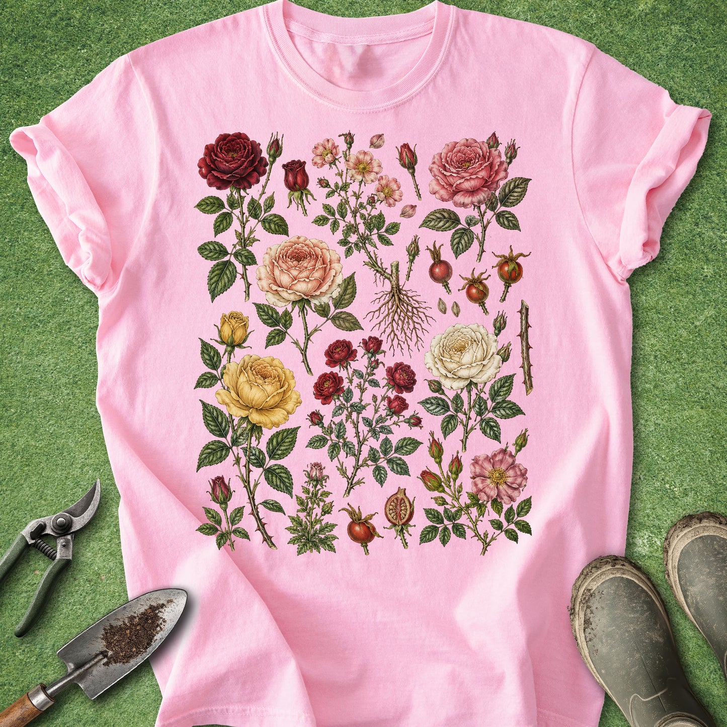 A pink short-sleeve T-shirt laid flat on a green textured surface, featuring a large vintage-style floral print with roses, leaves, and botanical illustrations. Gardening tools and muddy boots are placed around the shirt as styling props.