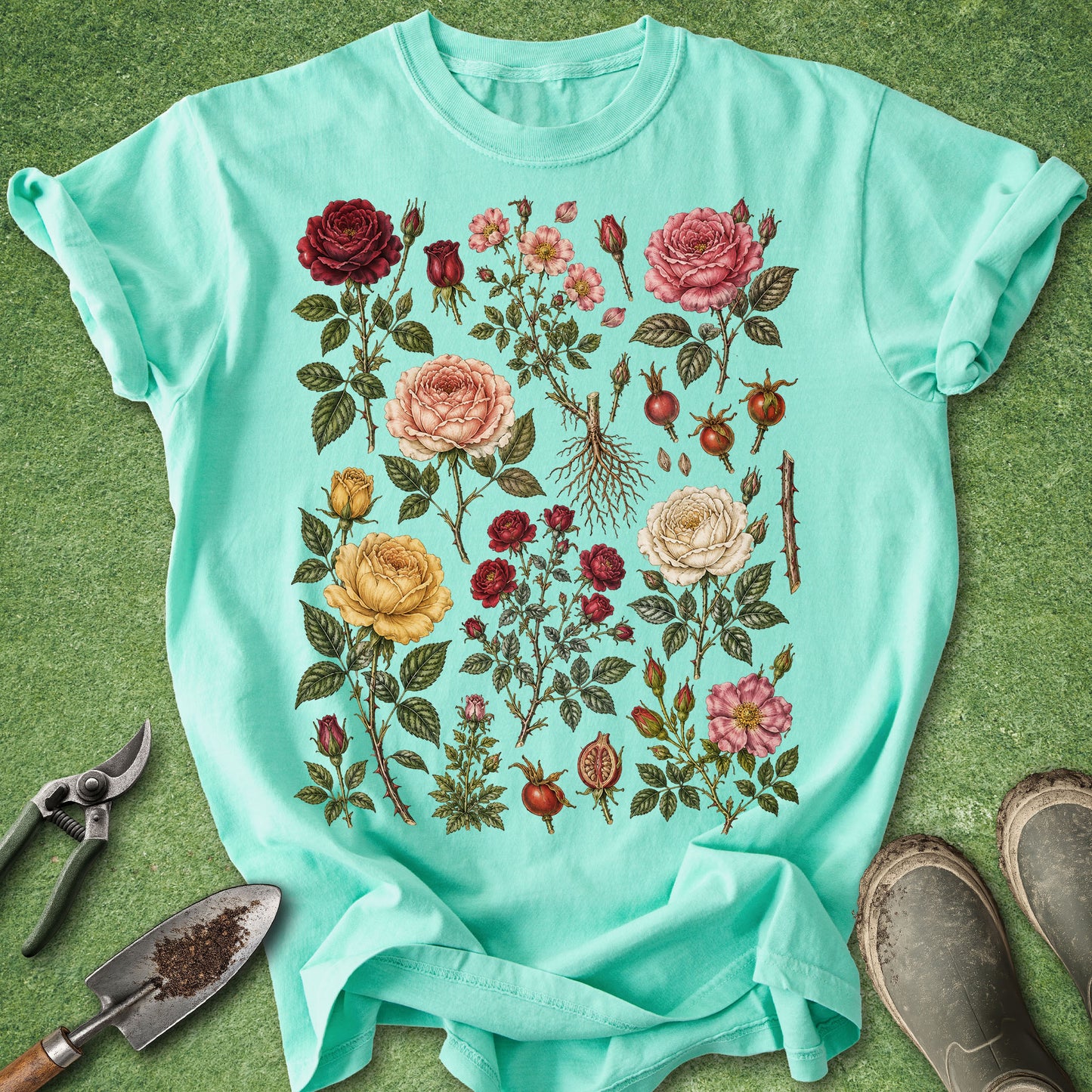 A mint green short-sleeve T-shirt laid flat on a textured green surface, featuring a large vintage-style botanical print of roses and garden elements in the center. Gardening props, including pruning shears, a small hand trowel with soil, and muddy work boots, are arranged around the shirt.