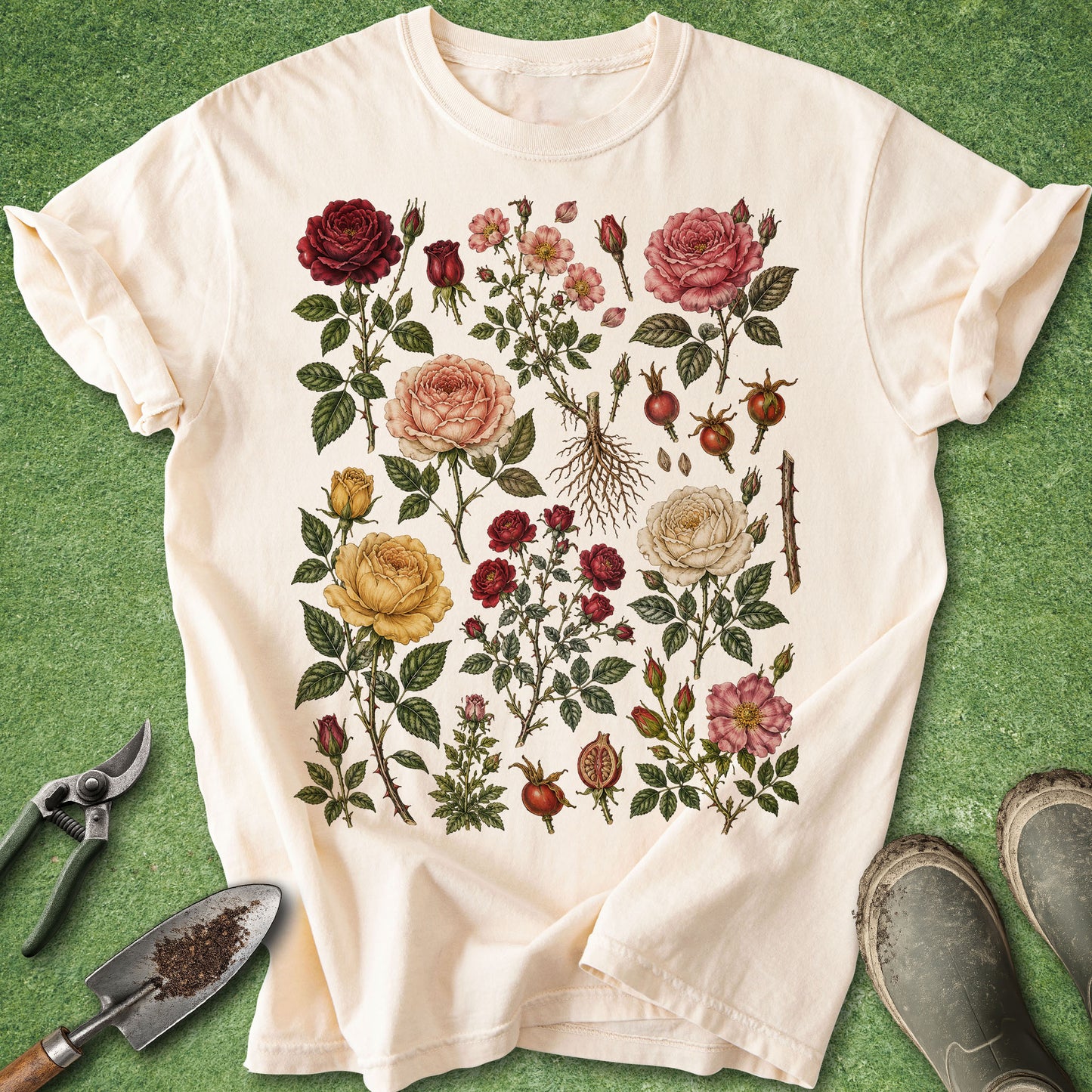 Ivory t-shirt featuring vintage botanical illustrations of red, pink, cream and yellow roses with rosebuds, leaves, roots, thorns and rose hips.