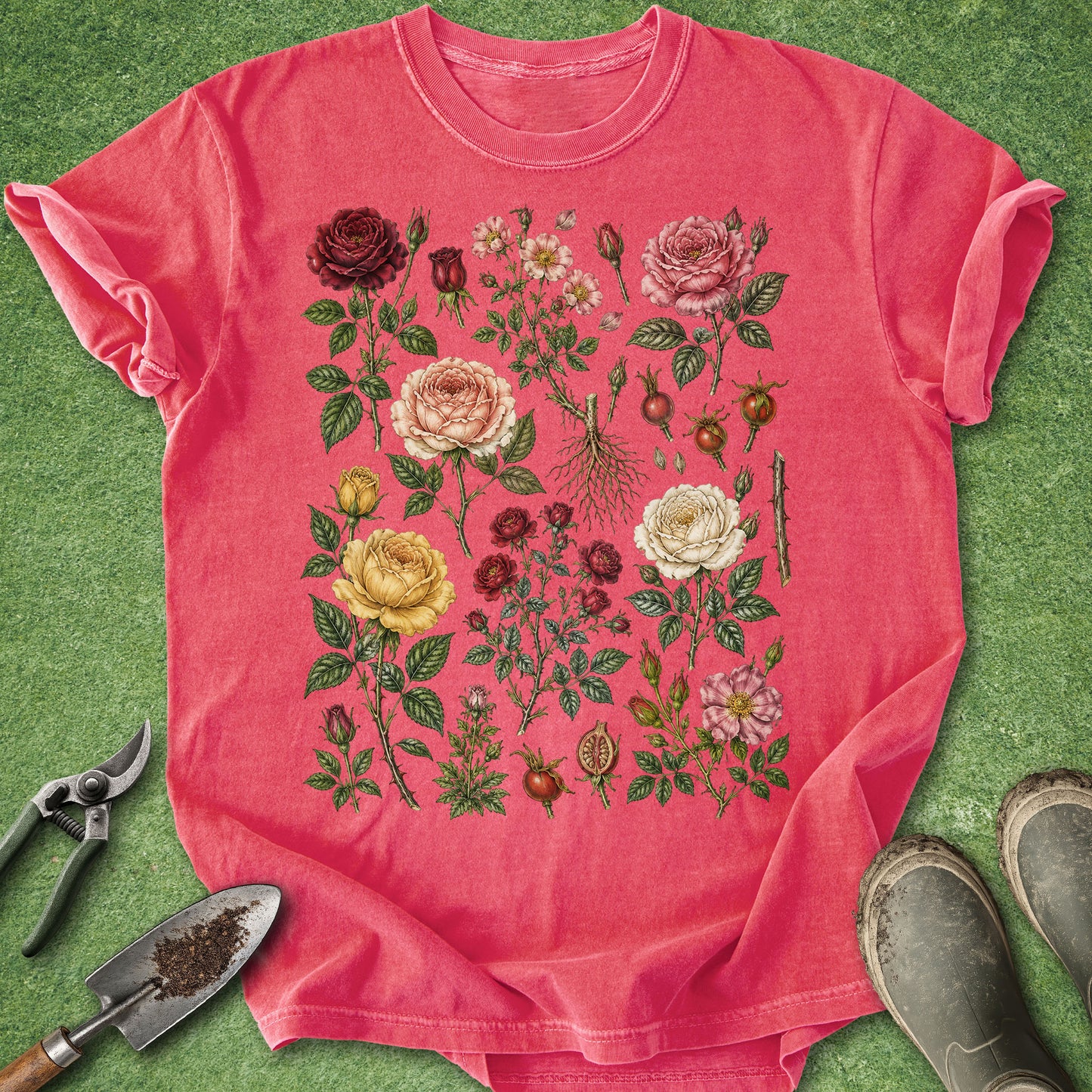 A coral pink short-sleeve t-shirt with a vintage botanical rose print, styled flat-lay on green artificial turf with gardening tools and boots.