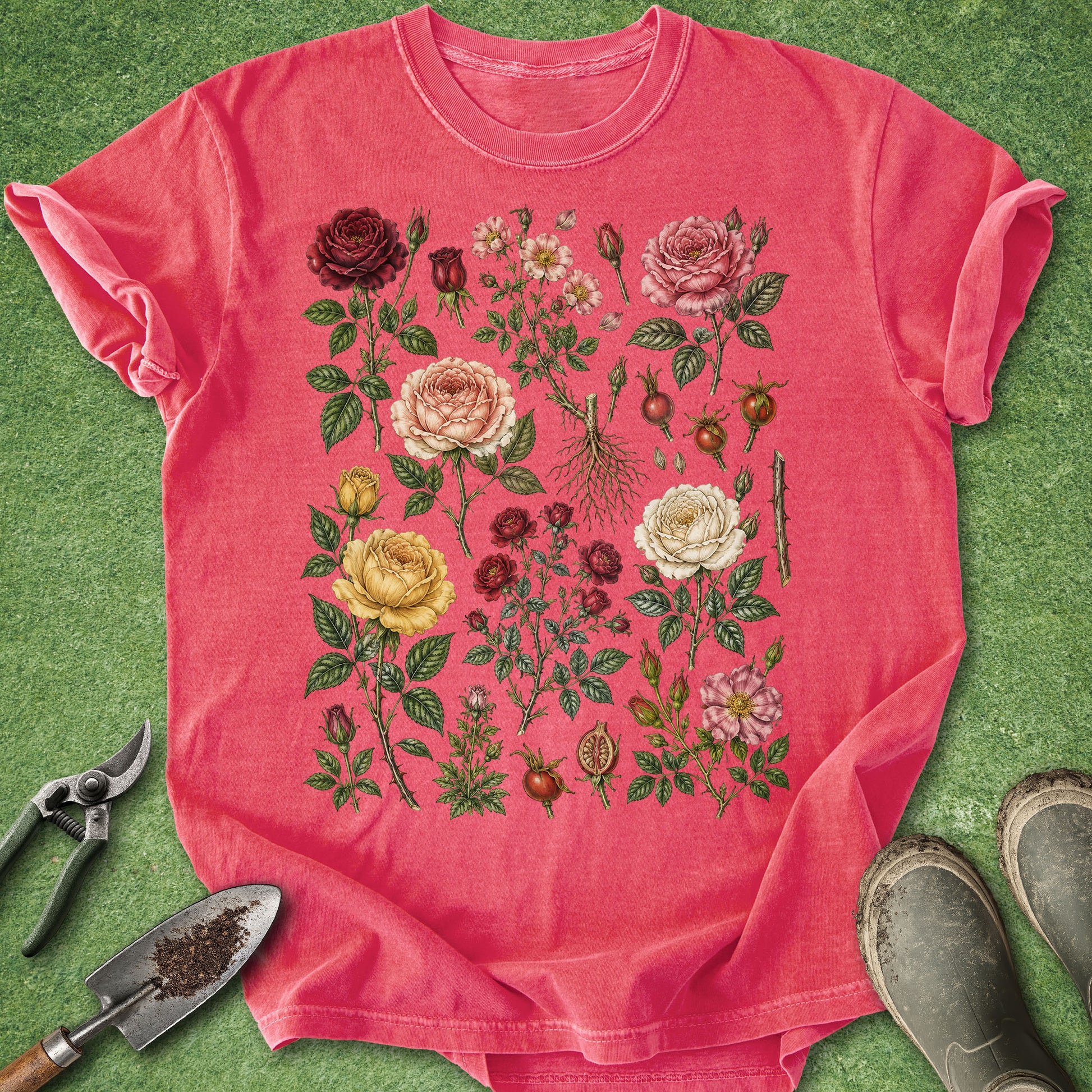 A coral pink short-sleeve t-shirt with a vintage botanical rose print, styled flat-lay on green artificial turf with gardening tools and boots.