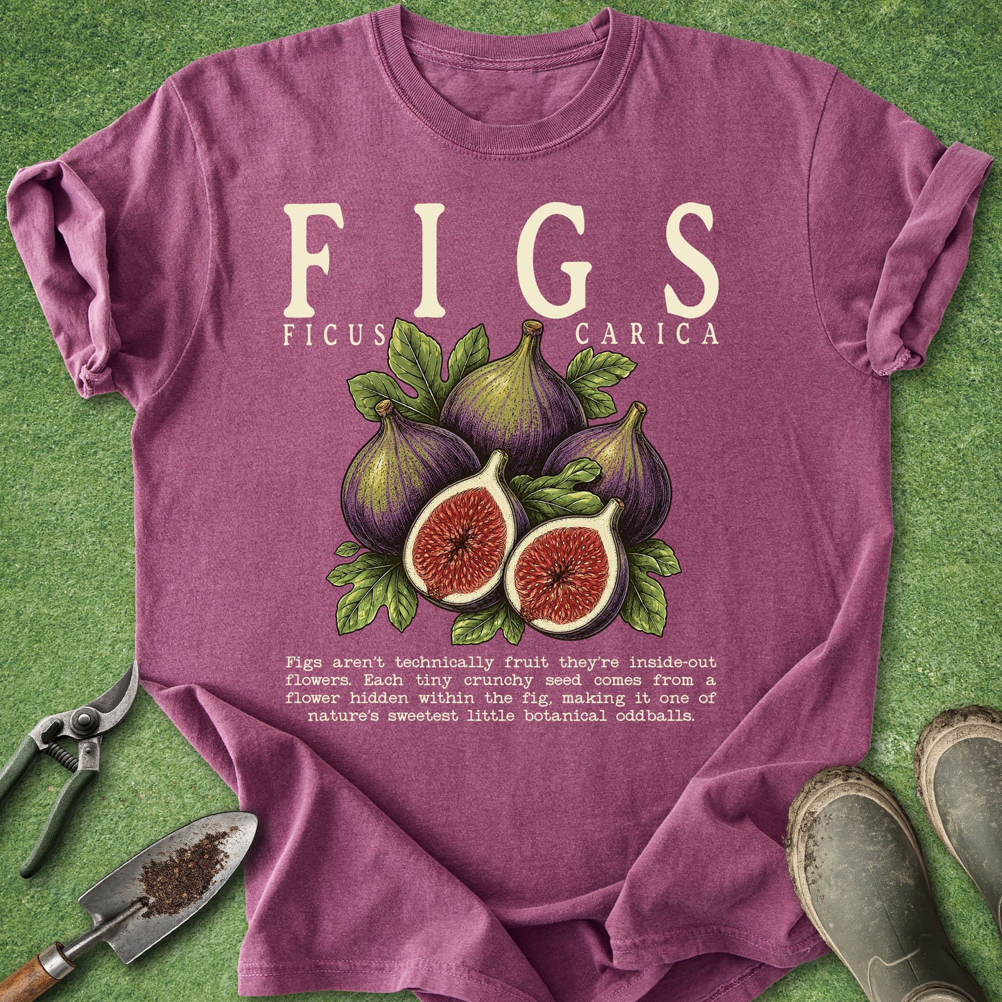 Berry t-shirt featuring vintage botanical purple figs, sliced figs, green leaves, Ficus carica text and a fig fun fact.
