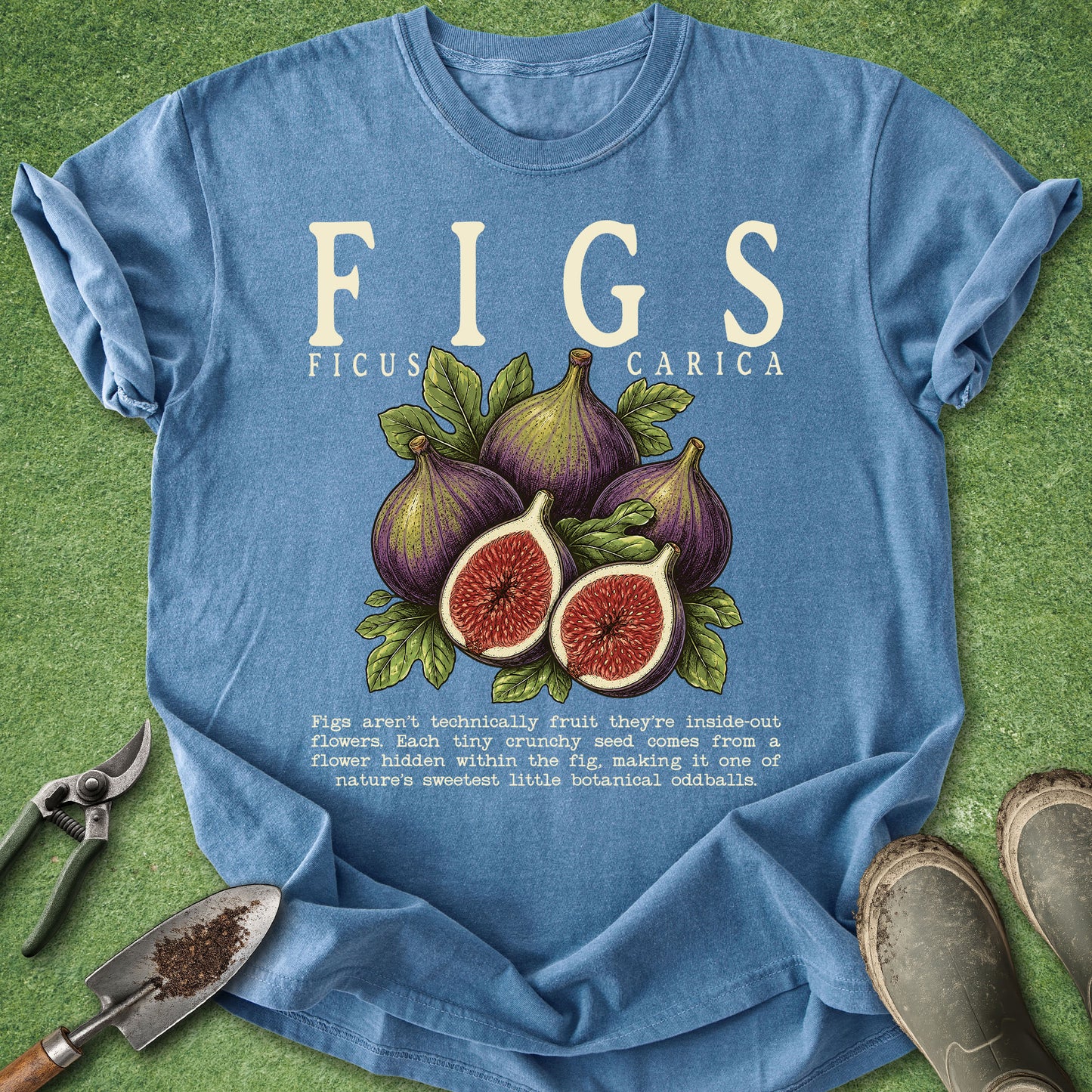 A blue graphic t-shirt featuring an illustration of figs and the text 'FIGS FICUS CARICA' with a botanical fact, styled flat on a green grass background with gardening props like pruning shears, a trowel, and boots.