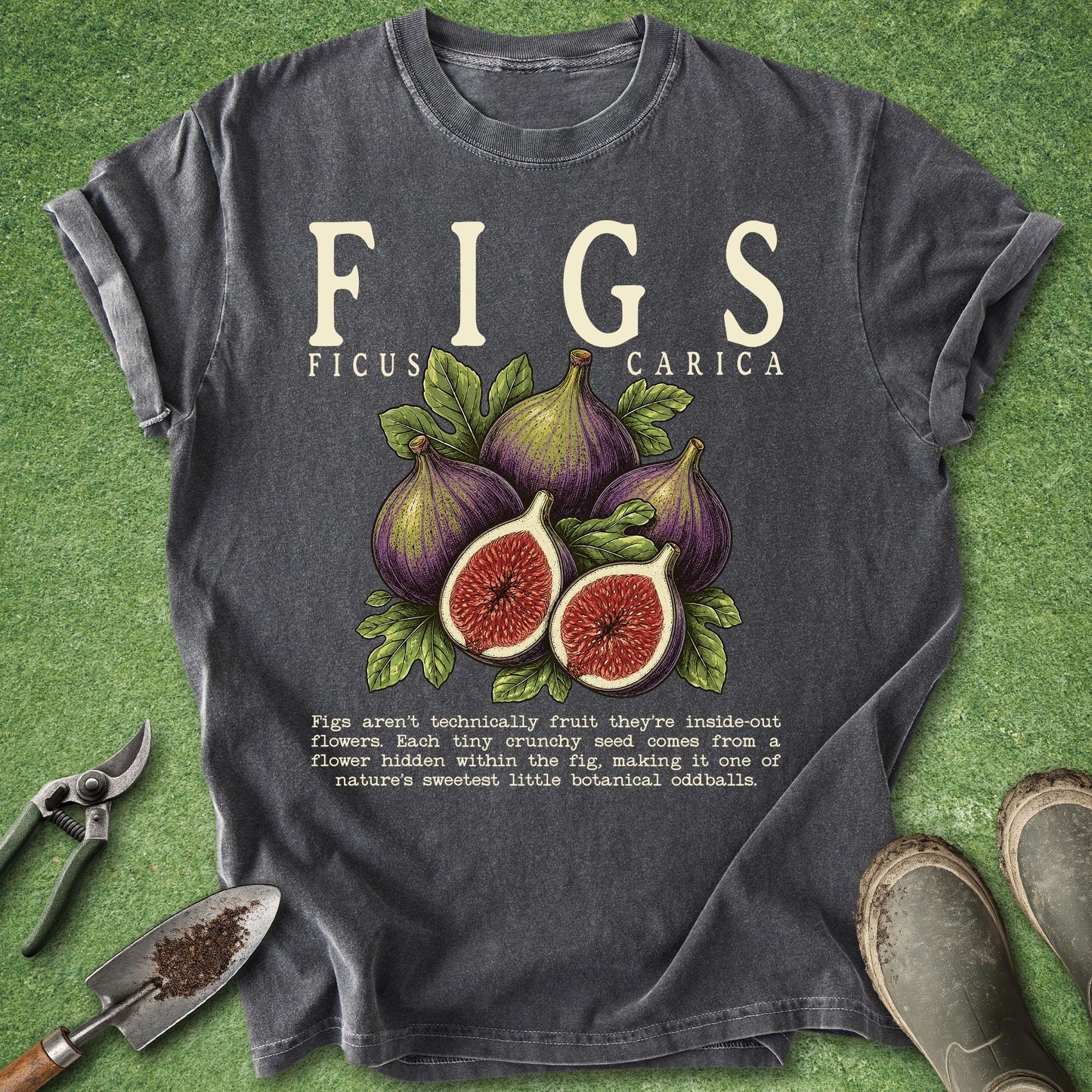 A dark gray graphic t-shirt laid flat on a green grass-like surface, featuring a large cream 'FIGS' print above an illustration of purple figs and two cut figs with green leaves. Smaller text reads 'FIGUS CARICA' and additional descriptive text below.