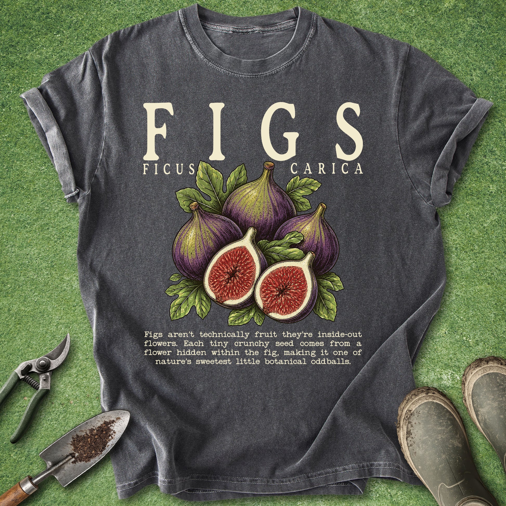 A dark gray graphic t-shirt laid flat on a green grass-like surface, featuring a large cream 'FIGS' print above an illustration of purple figs and two cut figs with green leaves. Smaller text reads 'FIGUS CARICA' and additional descriptive text below.