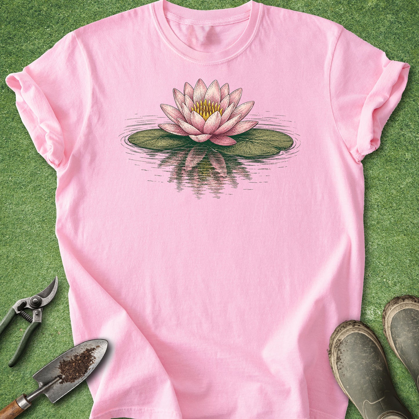 A pink short-sleeve crewneck t-shirt featuring a water lily and lily pad graphic on the chest, laid flat on a green grass-like surface with gardening tools and boots nearby.