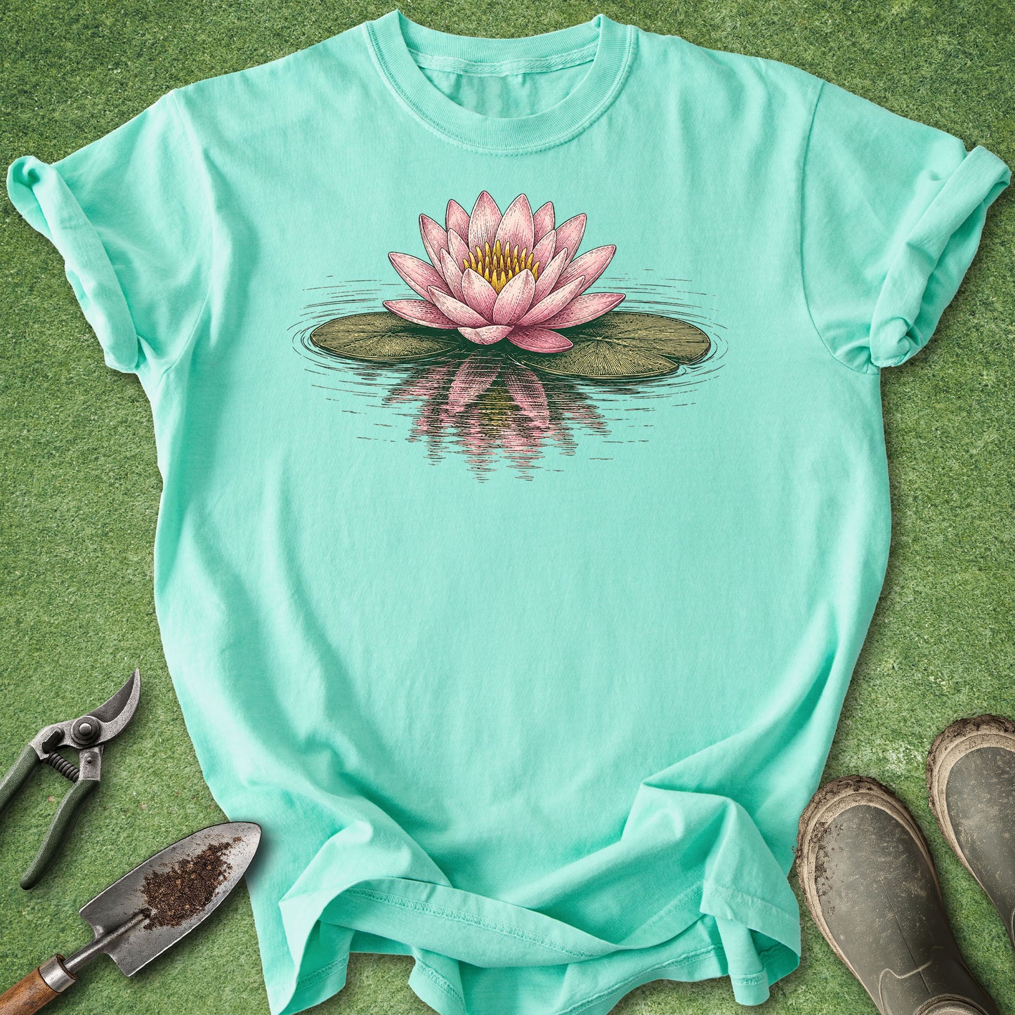 A mint green short-sleeve t-shirt with a pink water lily and green lily pad graphic on the chest, laid flat on a green grass-like surface with gardening tools and muddy boots nearby.
