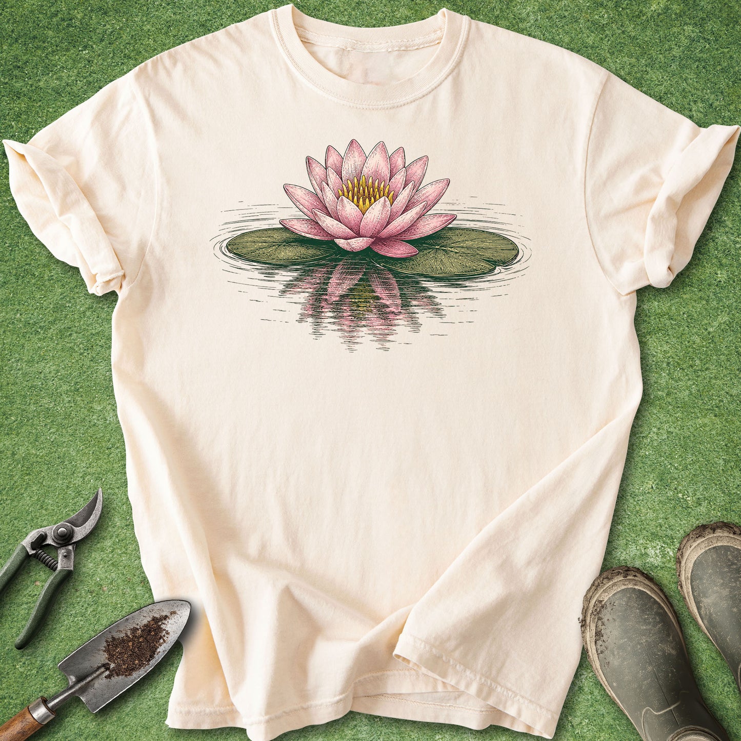 A cream-colored short-sleeve t-shirt featuring a detailed graphic of a pink water lily on a green lily pad with its reflection below, laid flat on a green grass-like background with gardening tools and boots nearby.