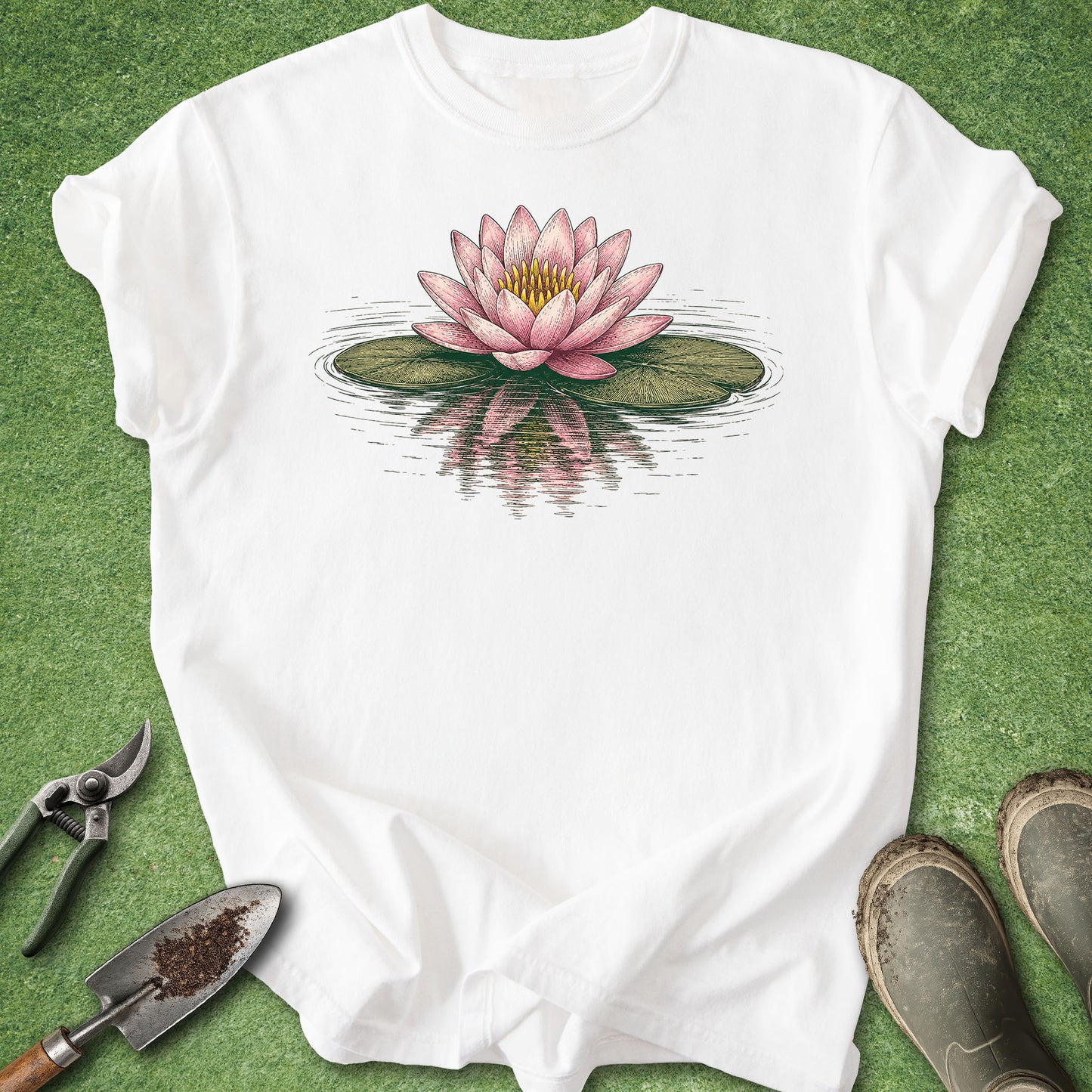 A white short-sleeve crewneck t-shirt laid flat on a green grass-like surface, featuring a printed pink water lily on a green lily pad with a reflection. Gardening tools and muddy boots are placed around the shirt as styled props.