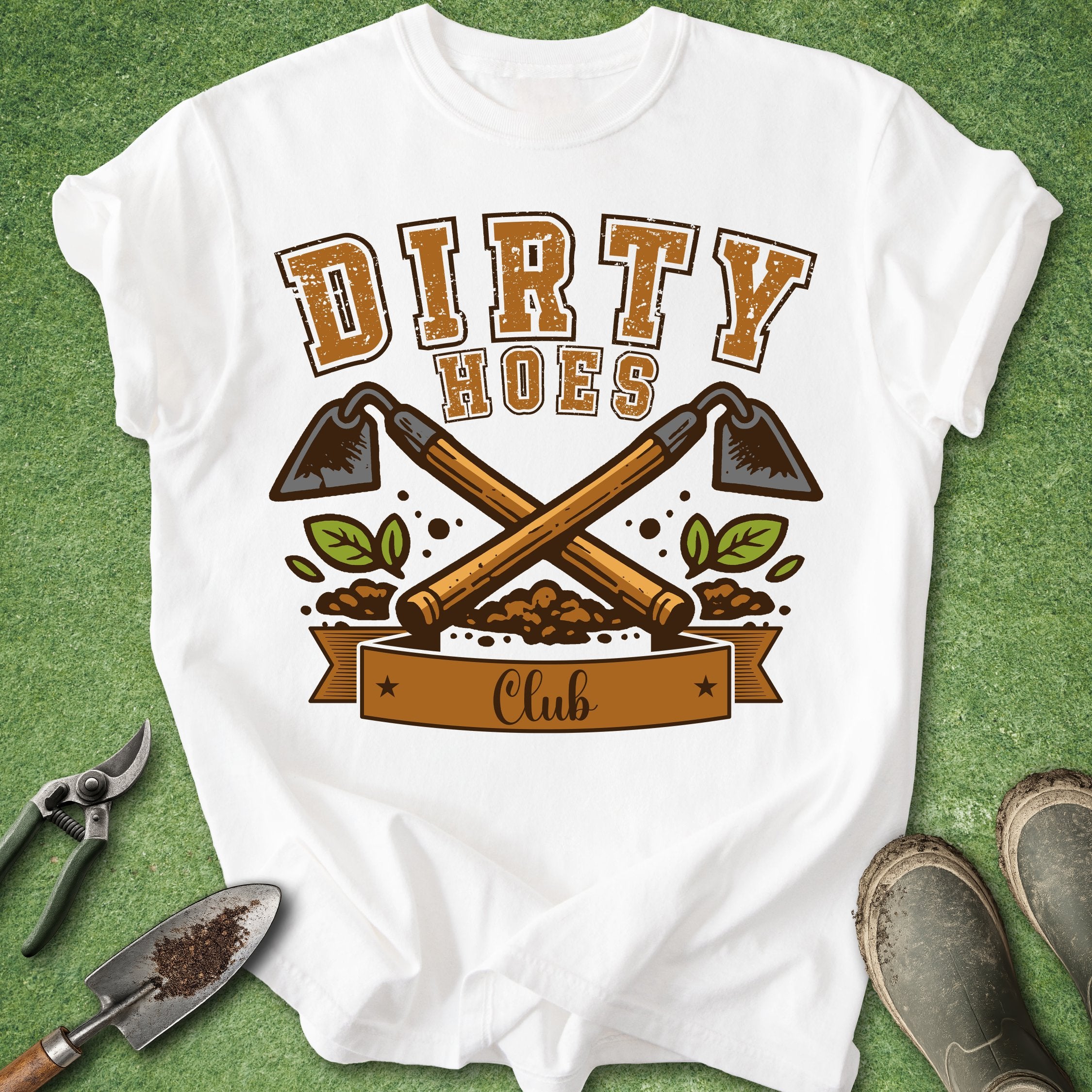 white dirty hoes club gardening shirt funny gardener t-shirt with crossed garden hoes graphic